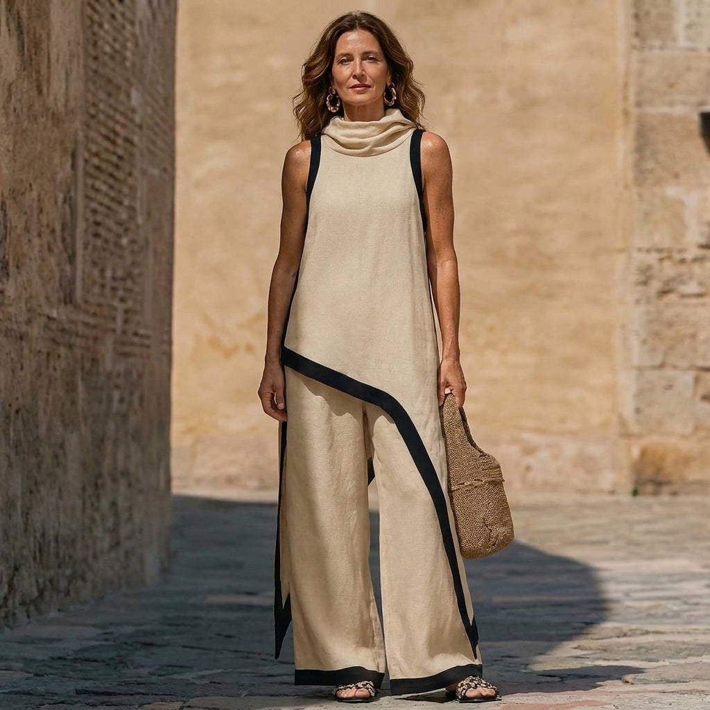 Conjunto Bianca | Top Cuello Alto y Pantalón Ancho con Ribete de Contraste