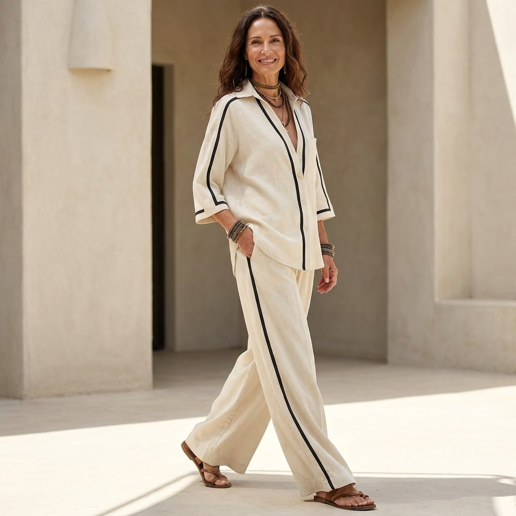Lia | Conjunto Camisa y Pantalón con Ribete Contraste
