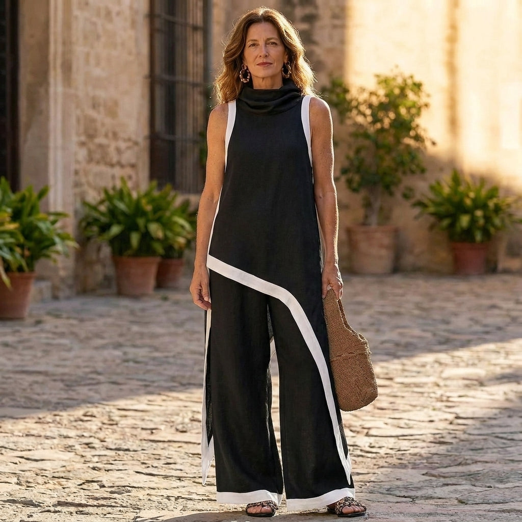 Conjunto Bianca | Top Cuello Alto y Pantalón Ancho con Ribete de Contraste